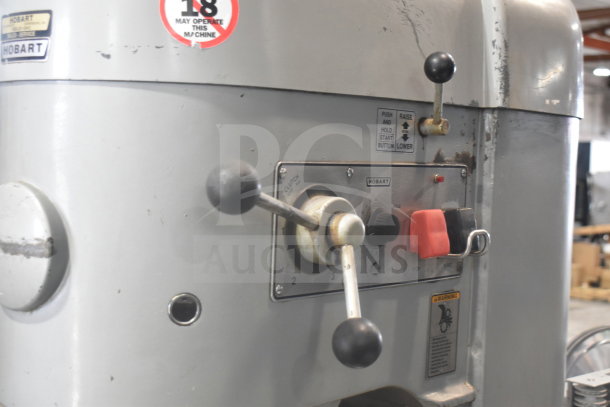Hobart M-802 commercial mixer, showing controls. Features 80-quart capacity, bowl adapter, bowl guard, dough hook, 200V, 3-phase.