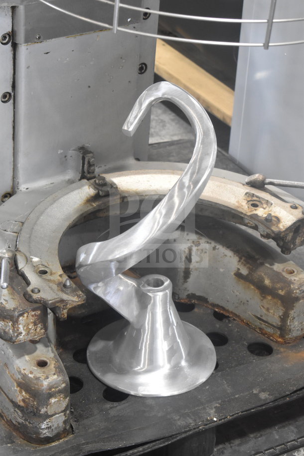 Hobart M-802 commercial dough mixer with bowl adapter, guard, and dough hook. 80-quart capacity, 200V, 3-phase.