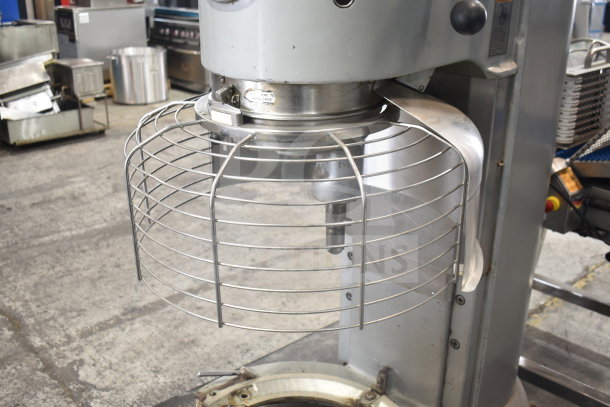 Hobart M-802 80-quart mixer with bowl adapter, guard, and dough hook, 200V, 3-phase, in good condition.