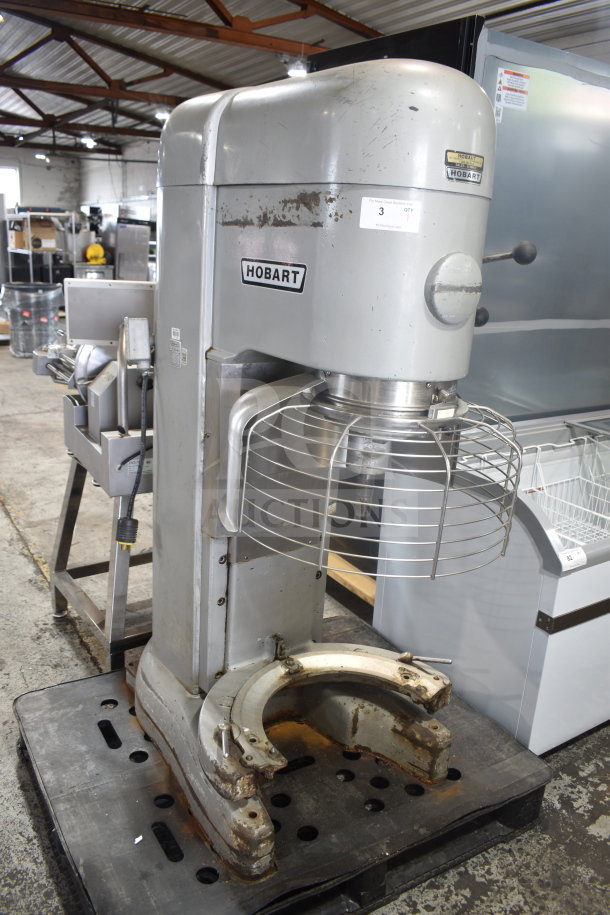 Hobart M-802 commercial 80 qt planetary dough mixer with bowl adapter, bowl guard, and dough hook. 200V, 3-phase. Signs of wear.