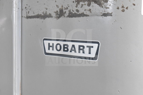 Hobart M-802 commercial mixer with logo, 80-quart capacity, includes bowl adapter, guard, dough hook, 200V, 3-phase.