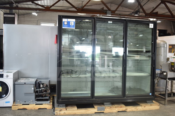 True TRM3M-YY 3-door commercial glass merchandiser in black with LED lighting; excellent condition, 208-240V, 1 Phase.