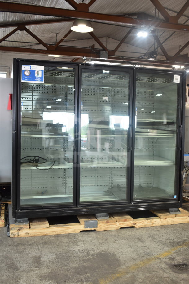 True 3-door black refrigerated merchandiser, model TRM3M-YY-BLK-WHT-1BLKLLL-4, with LED lighting, 208-240V.
