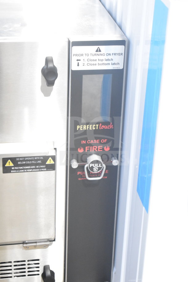 Brand new Perfect Fry PFC730 semi-automatic ventless countertop deep fryer, 230/400V, 3 phase, with safety instructions visible.