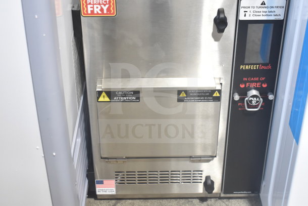 Brand new 2024 Perfect Fry PFC730 ventless countertop deep fryer, stainless steel, semi-automatic, 230/400V, with caution labels.