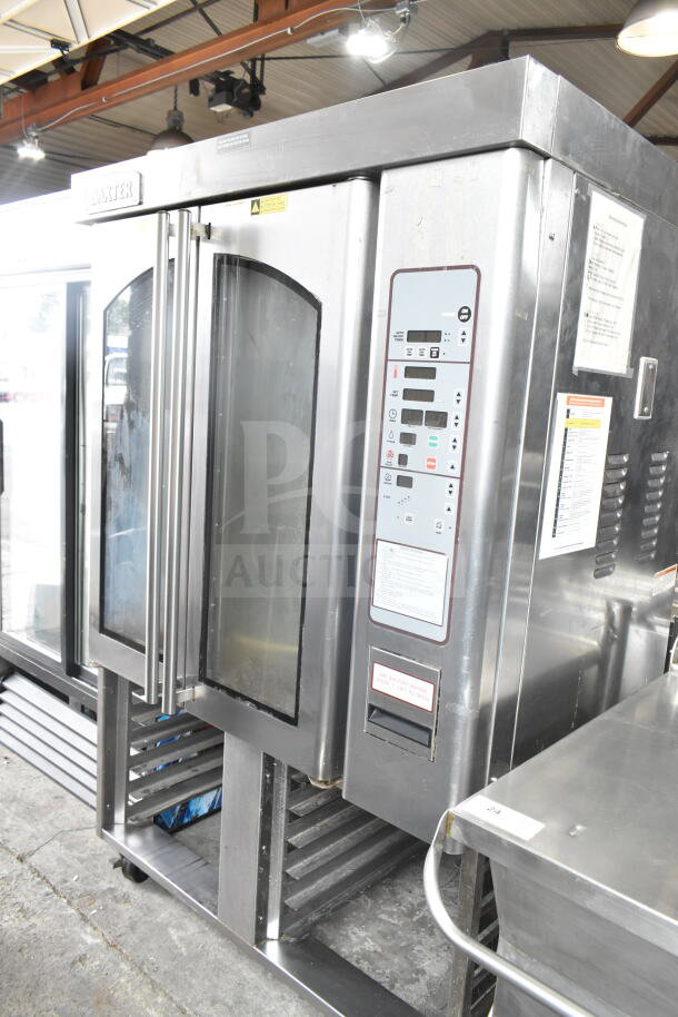 Baxter OV310G commercial natural gas mini rotating rack oven, 95,000 BTU, on double pan rack with casters.