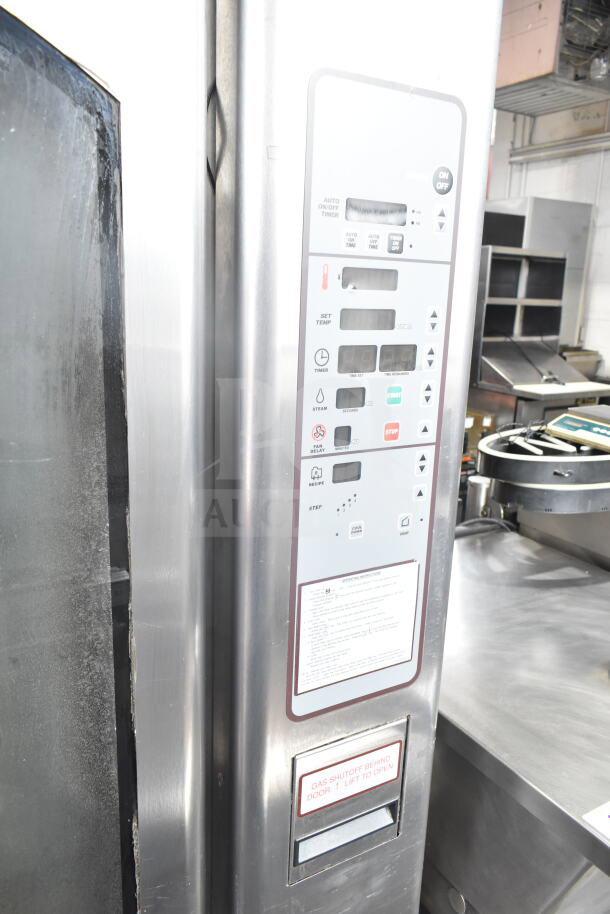 Baxter OV310G commercial gas oven with control panel, double pan rack, and casters. Features 95,000 BTU capacity.