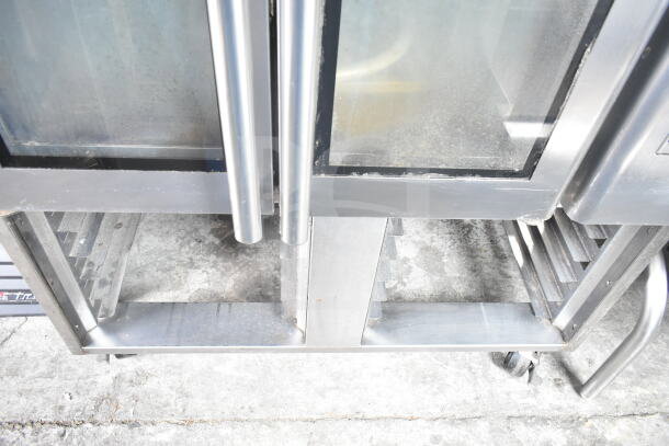 Baxter OV310G commercial gas mini rotating rack oven on double pan rack with casters, 95,000 BTU, stainless steel.