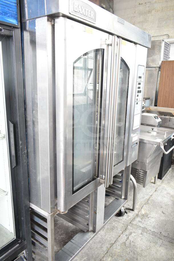 Baxter OV310G commercial gas mini rotating rack oven with double pan rack and casters, stainless steel, 95,000 BTU.