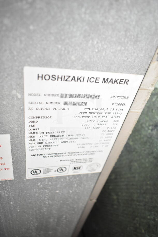 Hoshizaki KM-900MAH commercial ice machine head, 208-230V, 1 phase, features model and serial labels, excellent condition.