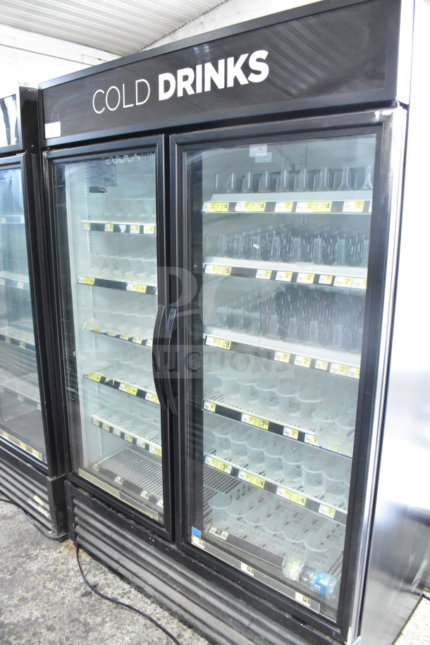 2018 True GDM-49-HC commercial cooler; double doors, glass front, labeled "Cold Drinks." 115V, tested, working condition.