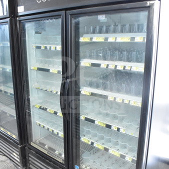 2018 True GDM-49-HC commercial cooler; double doors, glass front, labeled "Cold Drinks." 115V, tested, working condition.