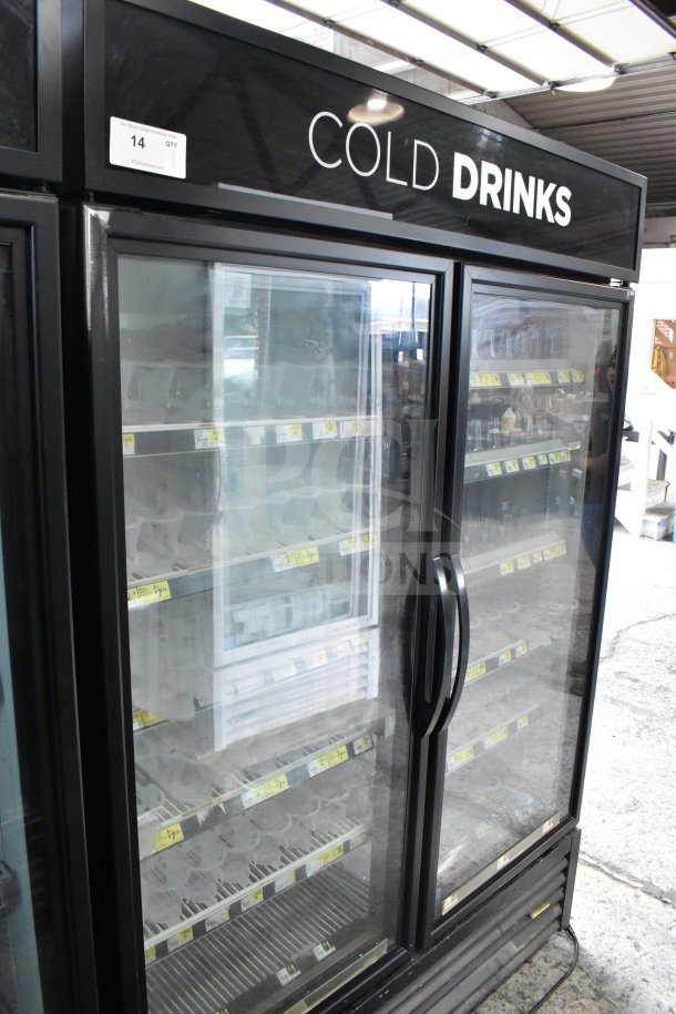 2018 True GDM-49-HC commercial 2-door cooler merchandiser, tested and working, 115V, 1 phase, labeled "Cold Drinks."
