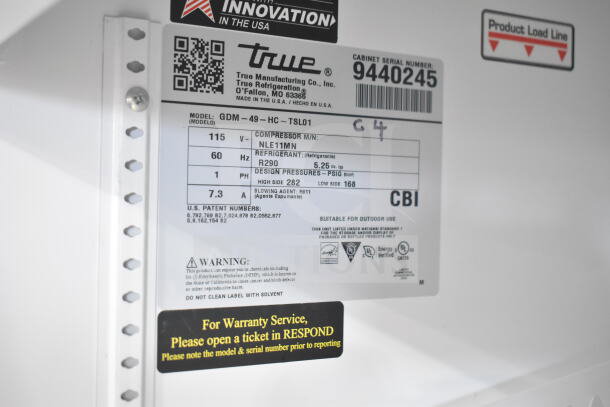 2018 True GDM-49-HC cooler label, 115V, 1 phase, serial number 9440245. Tested and working, Model GDM-49-HC. Energy efficient.