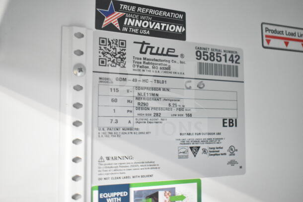 2019 True GDM-49-HC cooler label, 115V, 1 Phase, model details, serial number 9585142, tested and working condition.