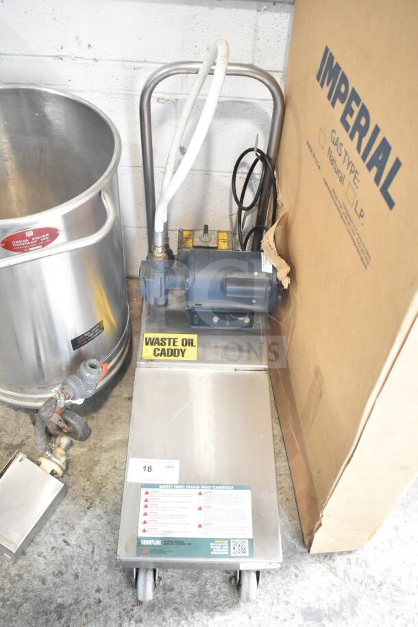 2024 Frontline 10SS-NA-WM Fryer Oil Transport Caddy, Stainless Steel, on Commercial Casters, "Waste Oil Caddy" label.
