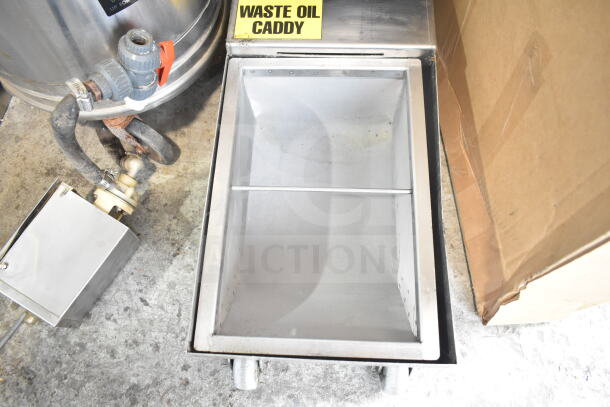 2024 Frontline 10SS-NA-WM Fryer Oil Transport Caddy, stainless steel, on commercial casters, labeled "Waste Oil Caddy".