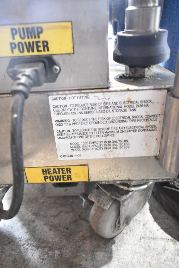 2024 Frontline 10SS-NA-WM Fryer Oil Transport Caddy, commercial casters, caution labels visible, sturdy build.