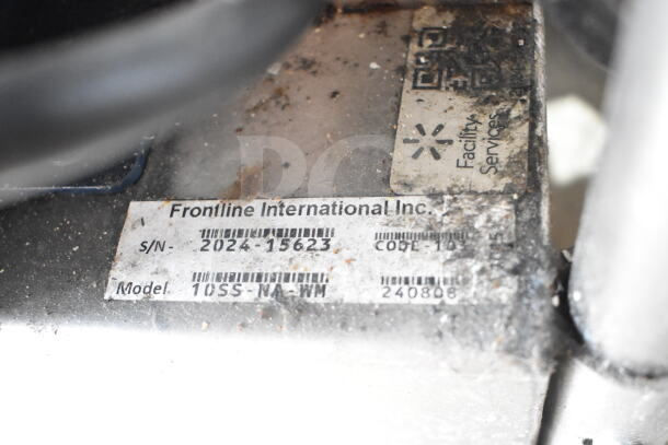 Frontline 10SS-NA-WM Fryer Oil Transport Caddy label showing model, serial number 2024-15623, and manufacturer details.