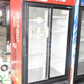 True GDM-33 Commercial 2 Door Cooler Merchandiser with Coca-Cola branding. 115 Volts, 1 Phase, good condition.