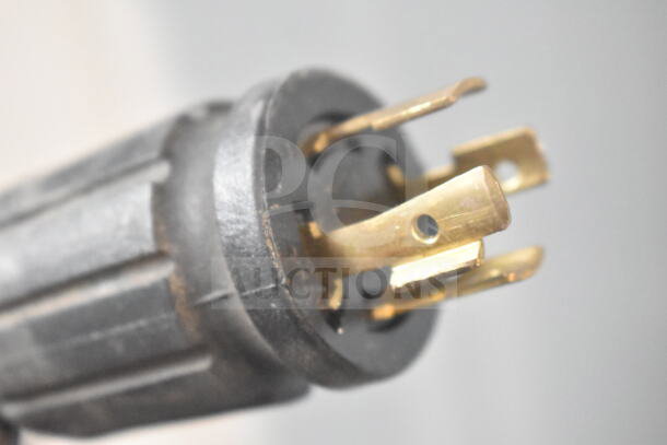 Close-up of a power plug for a True GDM-72F-HC freezer, showing gold prongs and a black casing.