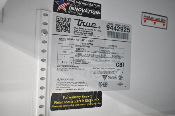 2018 True GDM-72F-HC freezer label showing model, voltage, phase, and refrigerant details.