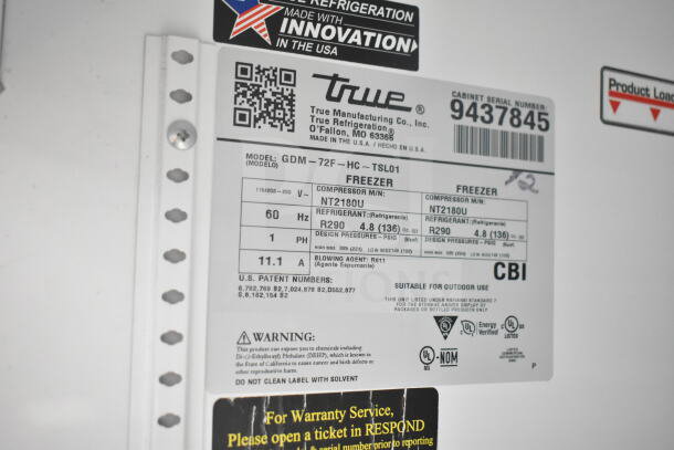 Label for True GDM-72F-HC Freezer showing model number, voltage range 115/208-230, and refrigerant type R290.