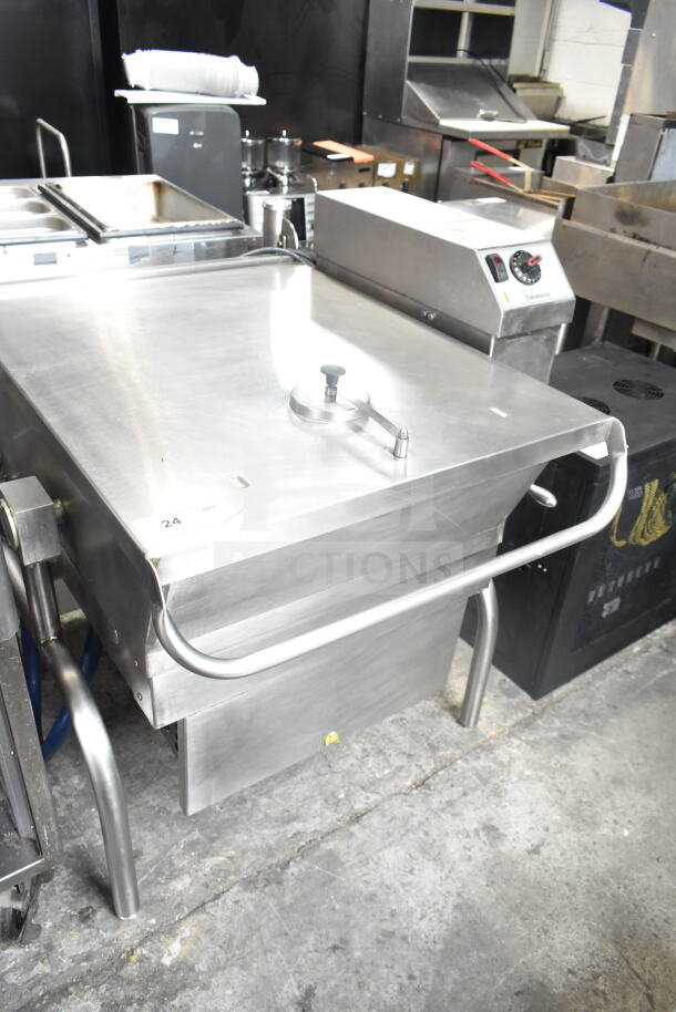 Cleveland commercial gas braising pan, 125,000 BTU, stainless steel, floor style, excellent condition. Control panel visible.