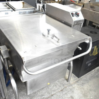Cleveland commercial gas braising pan, 125,000 BTU, stainless steel, floor style, excellent condition. Control panel visible.