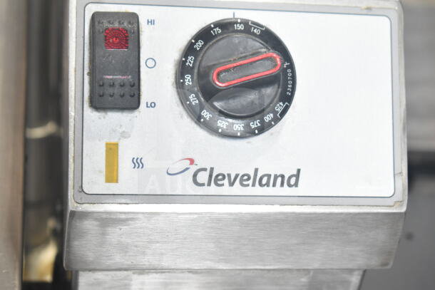 Cleveland commercial floor-style gas braising pan control panel. Temperature dial and indicators visible. 125,000 BTU.