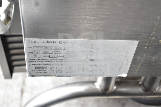 Cleveland Commercial Gas Braising Pan, 125,000 BTU, stainless steel, label showing model info and installation details.