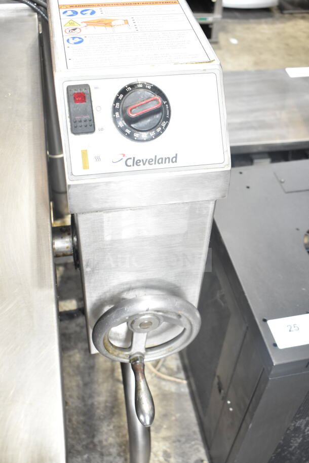 Cleveland Commercial Gas Braising Pan, 125,000 BTU, with control dial and temperature settings, stainless steel finish.