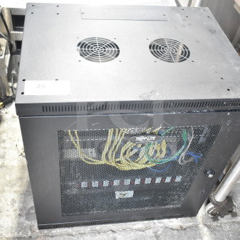 Tripp Lite AV cabinet with contents, featuring mesh front, visible wiring, ventilation fans, and branded logo.