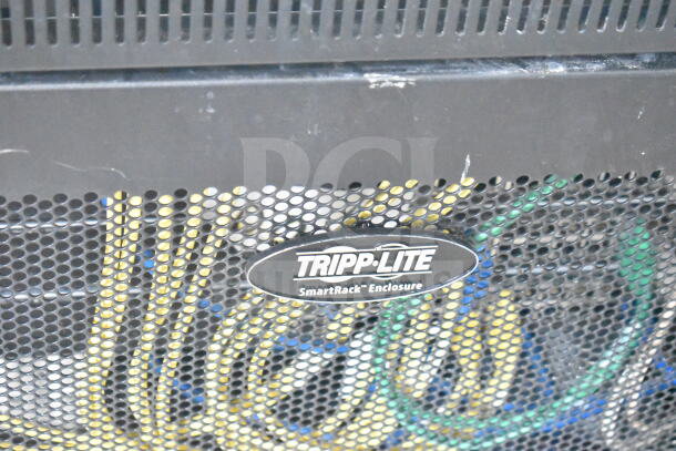 Tripp Lite AV Cabinet with contents, displaying SmartRack Enclosure label and visible cables through mesh door.