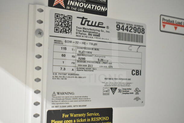 2018 True GDM-72-HC, 3-door reach-in cooler, 115V, 1 phase, tested and working. Serial number: 9442908. Made in USA.