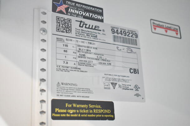 2018 True GDM-72-HC cooler tag showing model, voltage, and specs. Tested, working, 115 volts, single phase.