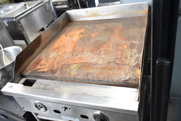 Jade Range commercial gas-powered countertop flat top griddle with under shelf. Visible wear and rust on surface.
