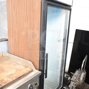 True GDM-19 Commercial Single Door Reach In Cooler; wood finish, glass door, 115V, 1 phase. Good condition.