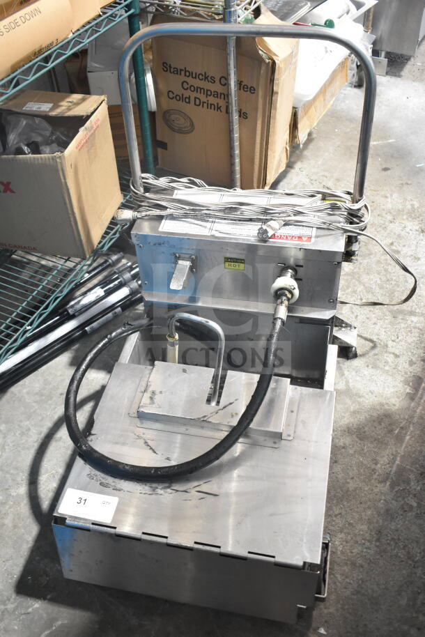 2021 Winston F662A9GE commercial fryer oil filter. Stainless steel, visible "Caution Hot" and "Danger" labels. 115V, 1 Phase.