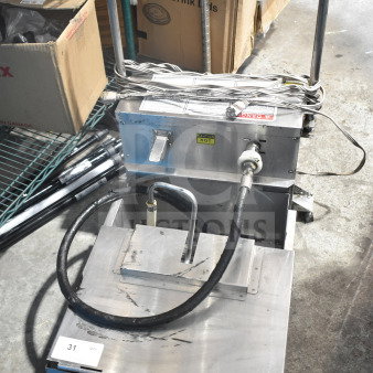 2021 Winston F662A9GE commercial fryer oil filter. Stainless steel, visible "Caution Hot" and "Danger" labels. 115V, 1 Phase.