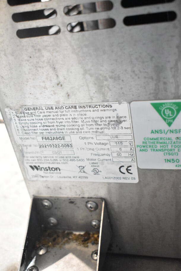 2021 Winston F662A9GE Commercial Fryer Oil Filter, 115V, 1 Phase. Model label with instructions visible.