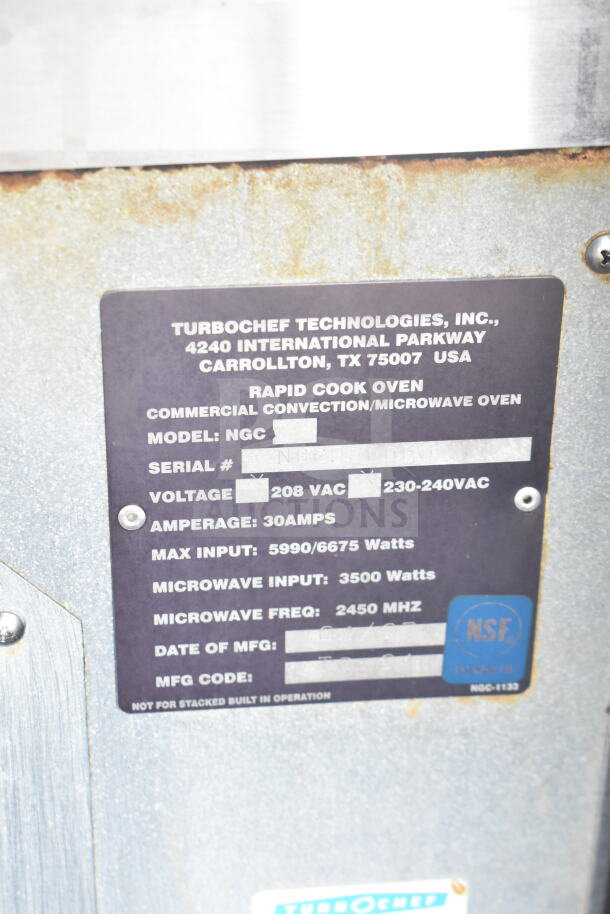 Turbochef NGC countertop rapid cook oven label showing voltage, model, and NSF certification details.