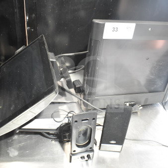 POS system with 2 monitors and 2 speakers, model PAR. Monitors appear in good condition with visible cables.