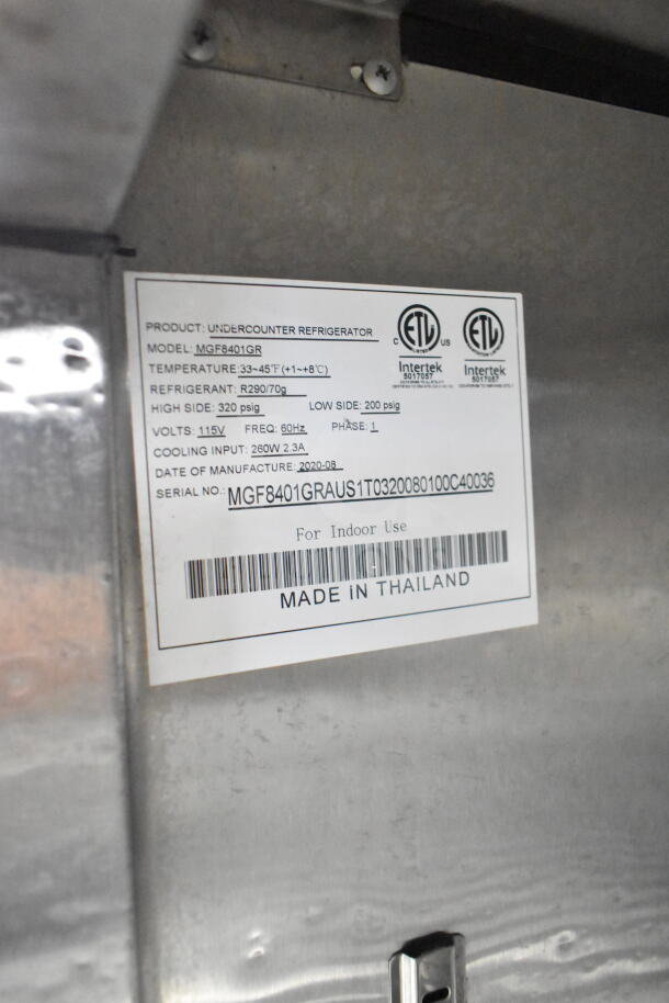 2020 Atosa MGF8401GR undercounter cooler label, shows model, specs, 115V, 1-phase, R290 refrigerant, made in Thailand.