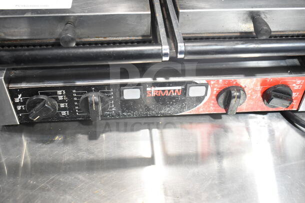 Sirman 16G02522 Commercial Double Panini Press with temperature dials and visible wear, 230V, 1 Phase.