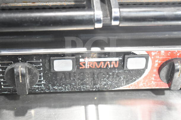 Sirman 16G02522 Commercial Double Panini Press, 230V, 1 Phase. Features control dials and worn markings, indicating usage.