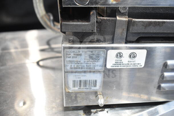 Sirman 16G02522 commercial countertop double panini press. 230 volts, 1 phase. Tags show model, wattage, and certification.