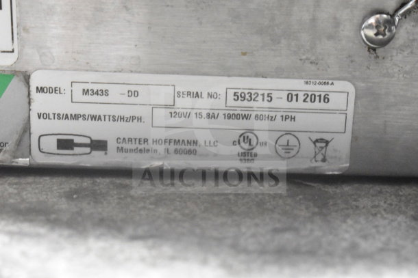 Carter Hoffmann M343S-DD holding bin label showing model, serial number, and specifications: 120V, 15.8A, 1900W, 1 phase.