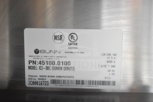 2019 Bunn IC3-DBC Commercial Iced Tea Machine. Stainless steel, 120/208V, 1 Phase. Model label indicates UL and NSF listed.