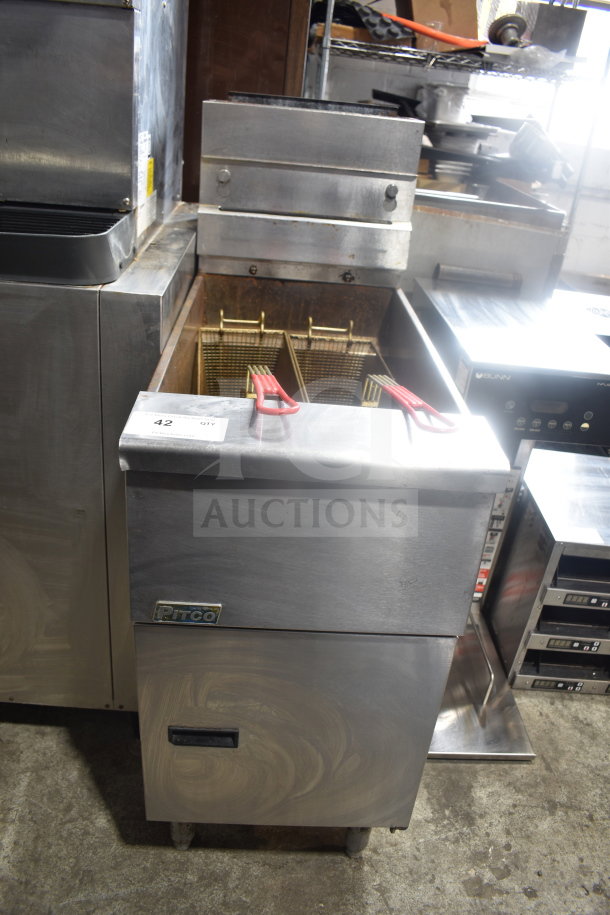 Pitco Frialator commercial deep fryer, floor style, natural gas, 110,000 BTU, silver finish, dual baskets, visible Pitco logo.